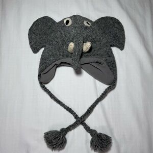 Elephant Beanie Hat 100% Soft Wool Kids Hand Made Nepal Fleece Lined Gray Winter